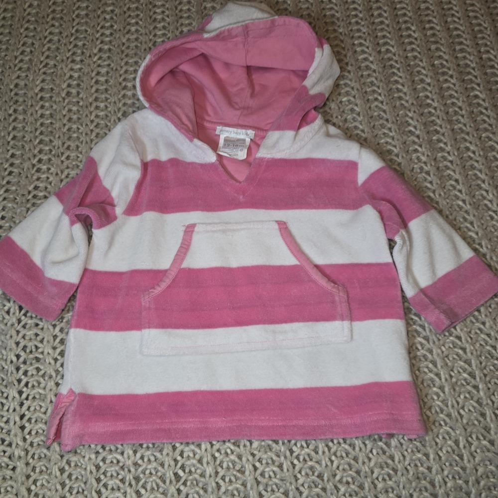 Pottery Barn Toddler 12-18 Mo Pink & White Stripe Hooded Terry Beach Cover Up
